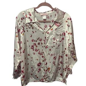 Oscar de la Renta Floral Satin Blouse - Cream and Red